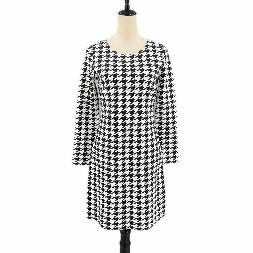 Boston Proper White Black Houndstooth Knit Classic Polished Workwear Chic Dress